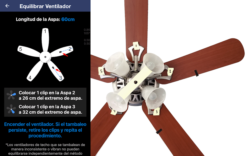 Equilibrador de Ventilador de Techo app. La mejor posición posible para colocar los clips arreglar el bamboleo mostrará. Coloca los clips y enciende el ventilador.